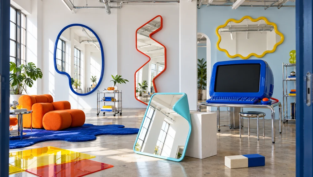 LookYield’s virtual gallery with sculptural mirrors and a retro blue computer